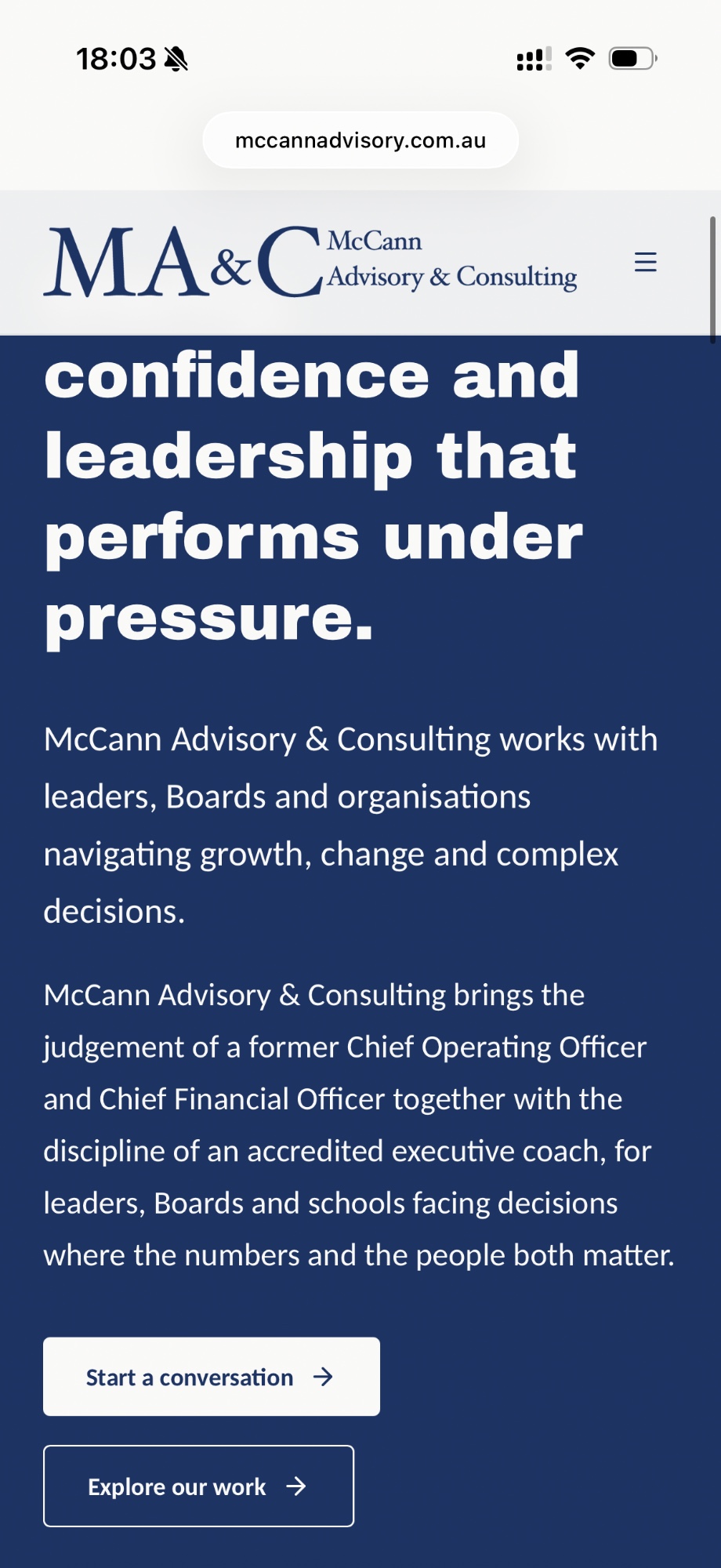 The McCann Advisory & Consulting website, built through website.sorted, shown on a phone