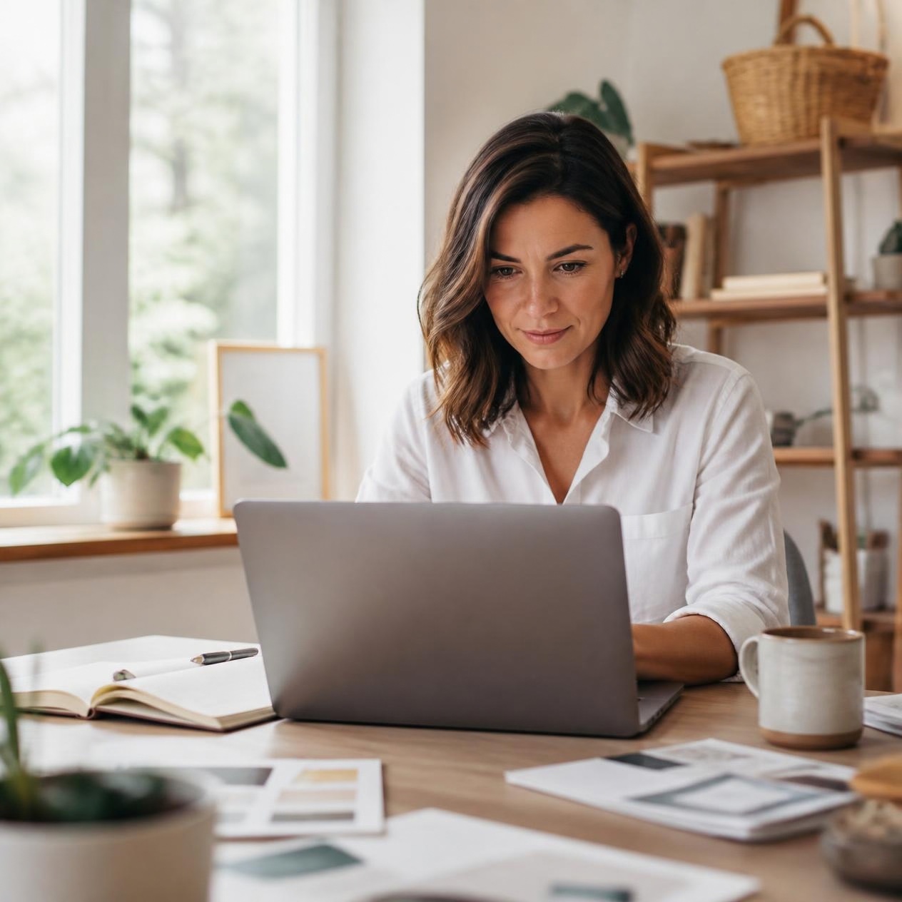 A woman working on her business website
